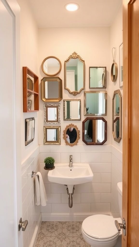 Gallery wall of mirrors in a small bathroom.