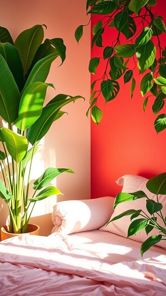 A cozy bedroom corner featuring tall plants beside a bed with soft pink bedding.