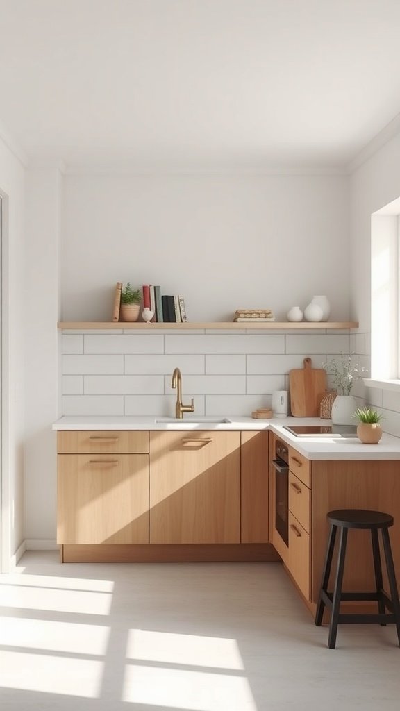 Minimalist kitchen design with wooden cabinets and a clean aesthetic.