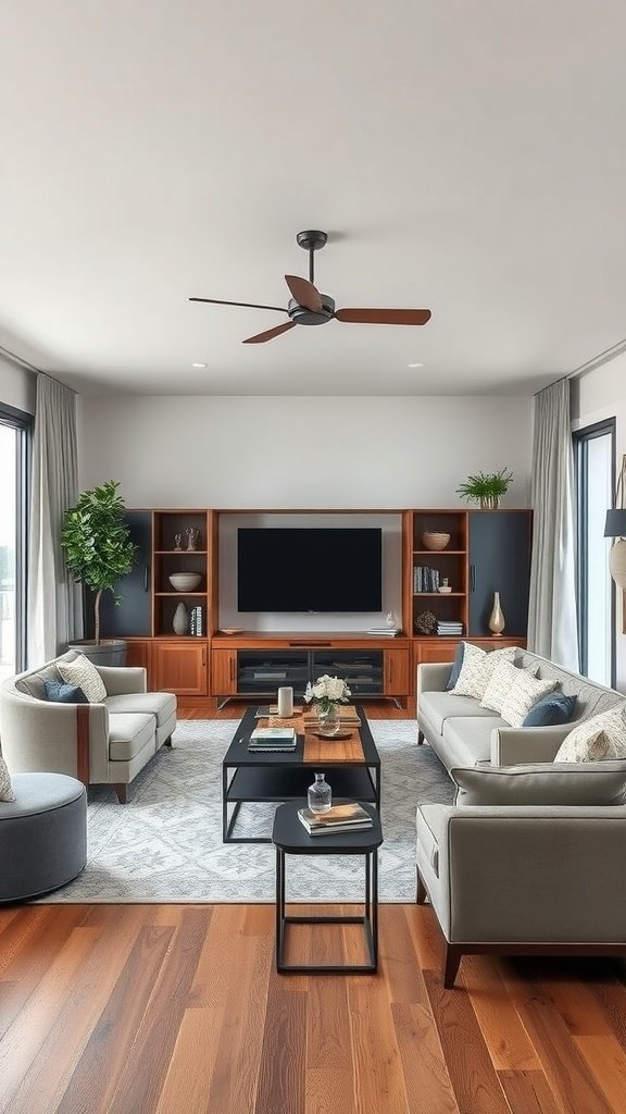 A stylish living room featuring Japandi and Scandinavian design elements, showcasing comfortable seating and wooden accents.