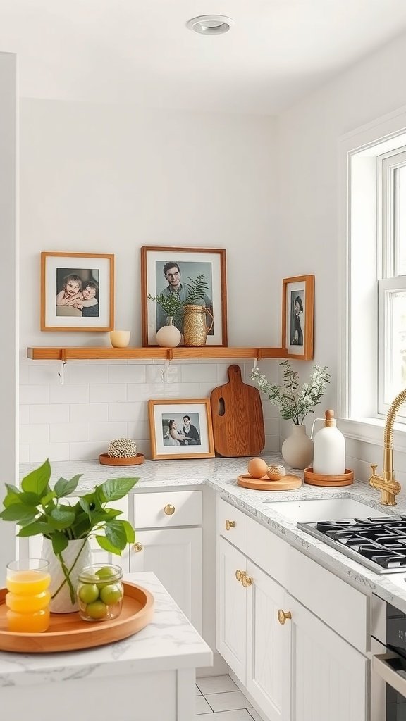 A cozy kitchen with family photos framed on a shelf, showcasing a personal touch.