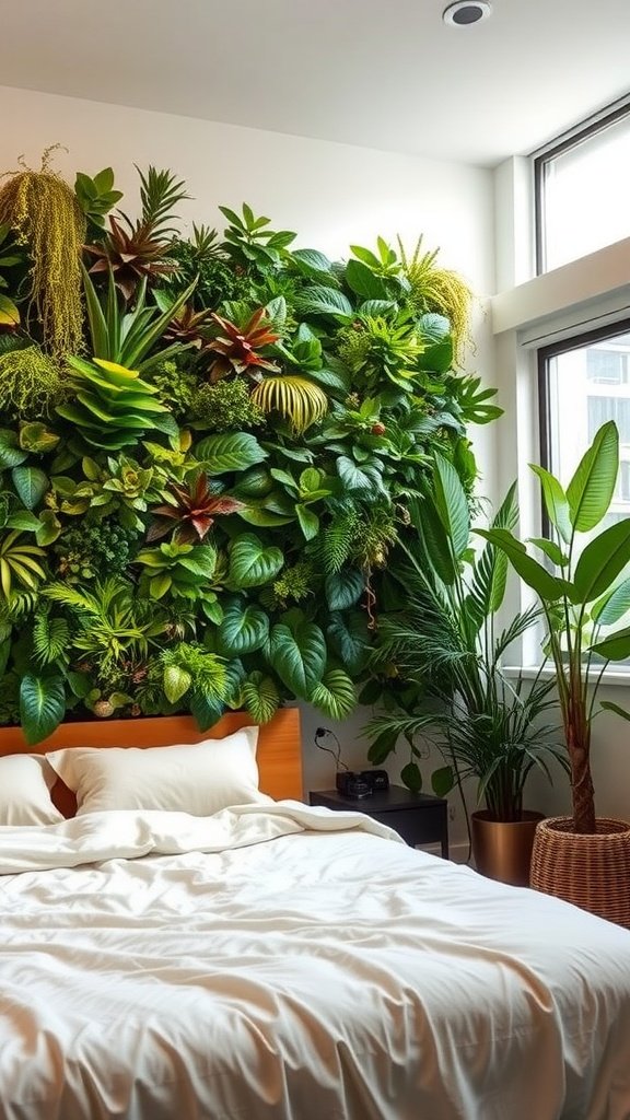 A vibrant plant wall in a bedroom with various green plants and a cozy bed.