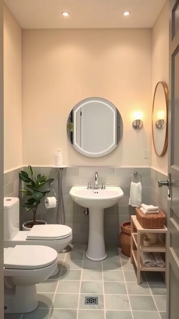 Small bathroom with pedestal sink, shiplap accents, and plants