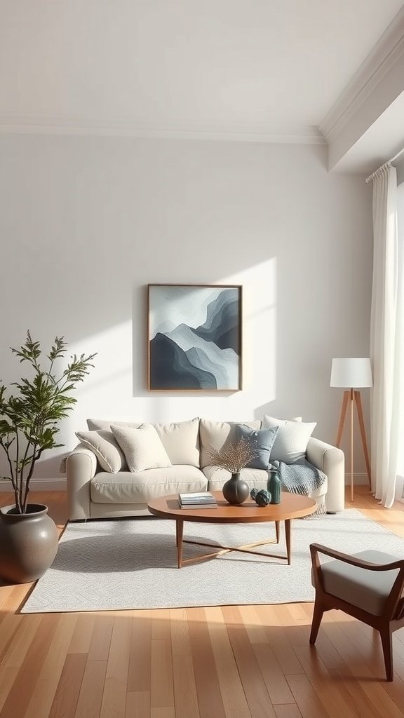 A serene living room featuring a cozy sofa, wooden furniture, and soft cushions.