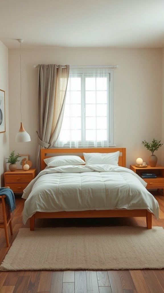 A cozy bedroom with a wooden bed, soft bedding, and warm lighting.