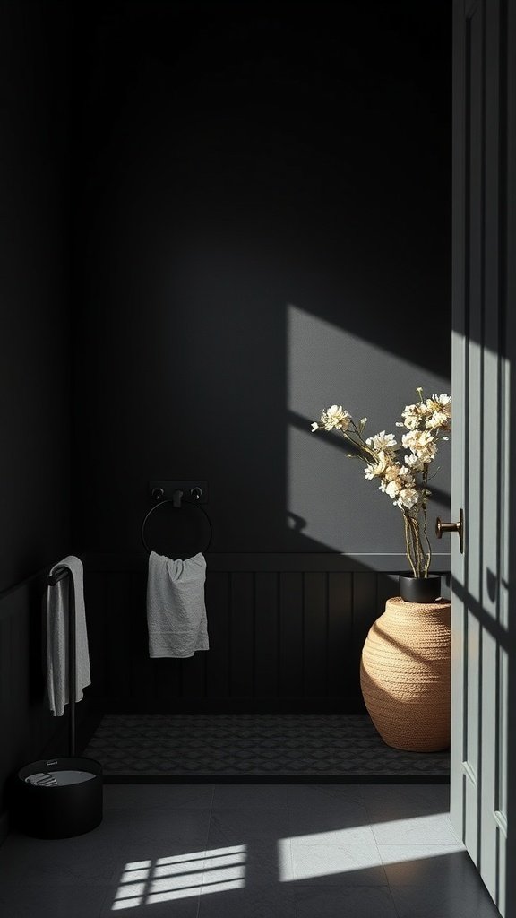 A dark-toned bathroom featuring a potted plant, towels, and natural light.