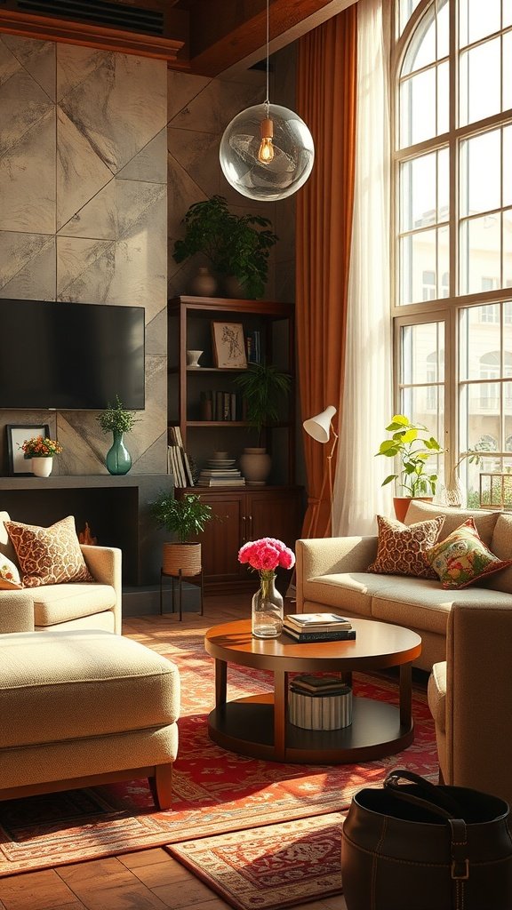 A cozy living room featuring soft seating, patterned pillows, and plants, creating a welcoming atmosphere.