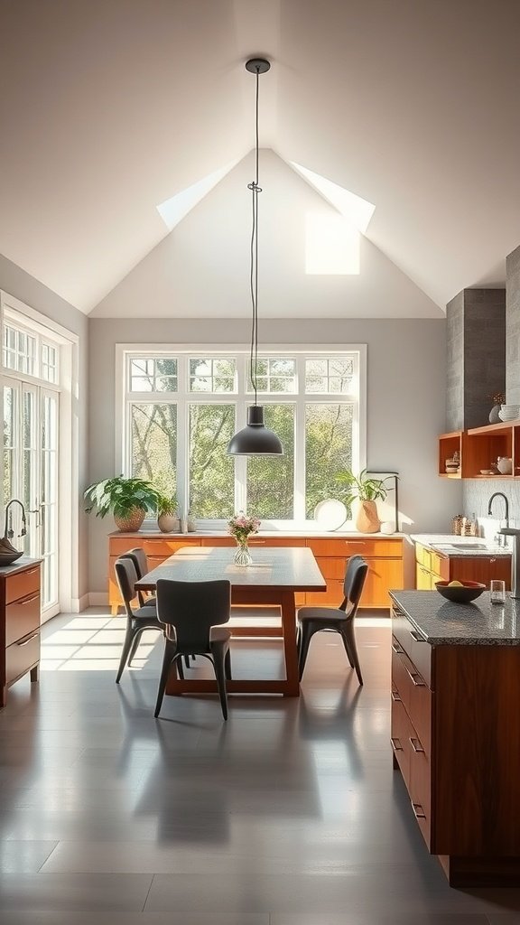 A spacious kitchen with neutral tones, large windows, and a warm wooden dining table.