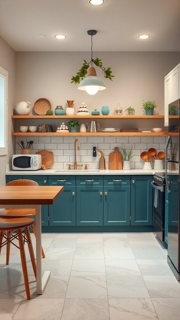 A modern kitchen with teal cabinets, wooden shelves, and stylish decor.