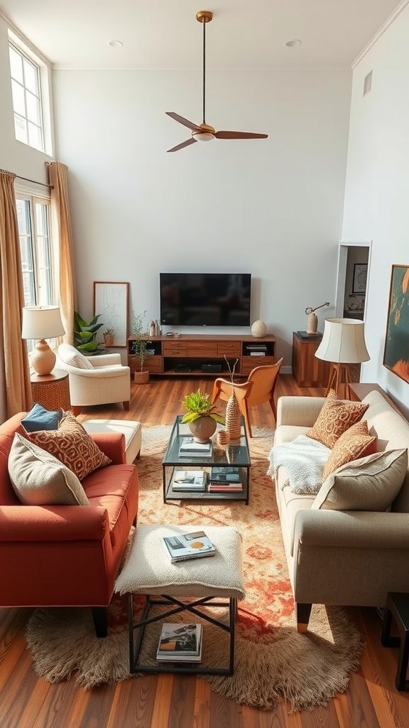 A cozy living room with multiple seating arrangements, featuring soft sofas, warm colors, and a central coffee table.