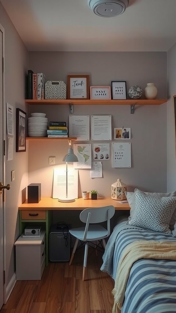 A small bedroom layout featuring a desk, shelves, and a bed, showcasing a functional design.