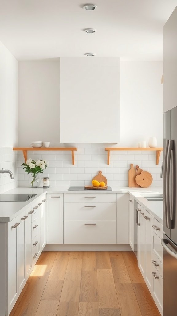Modern kitchen with neutral tones and wooden accents.