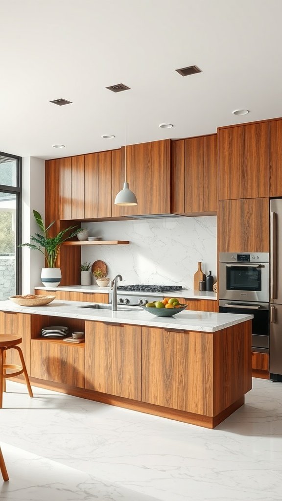 A modern kitchen featuring wood cabinetry, marble countertops, and lush green plants.