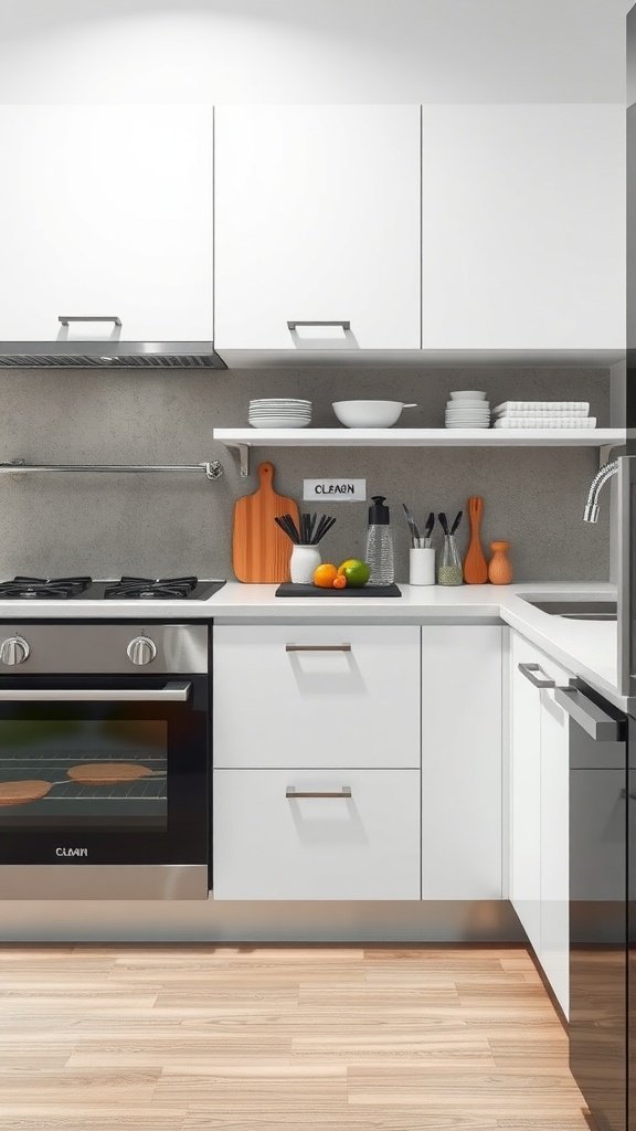 A modern kitchen layout with cooking and cleaning zones clearly defined.
