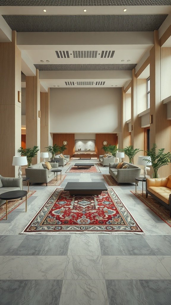 A spacious lobby with various seating areas, patterned rugs, and plants, creating a cozy and inviting atmosphere.
