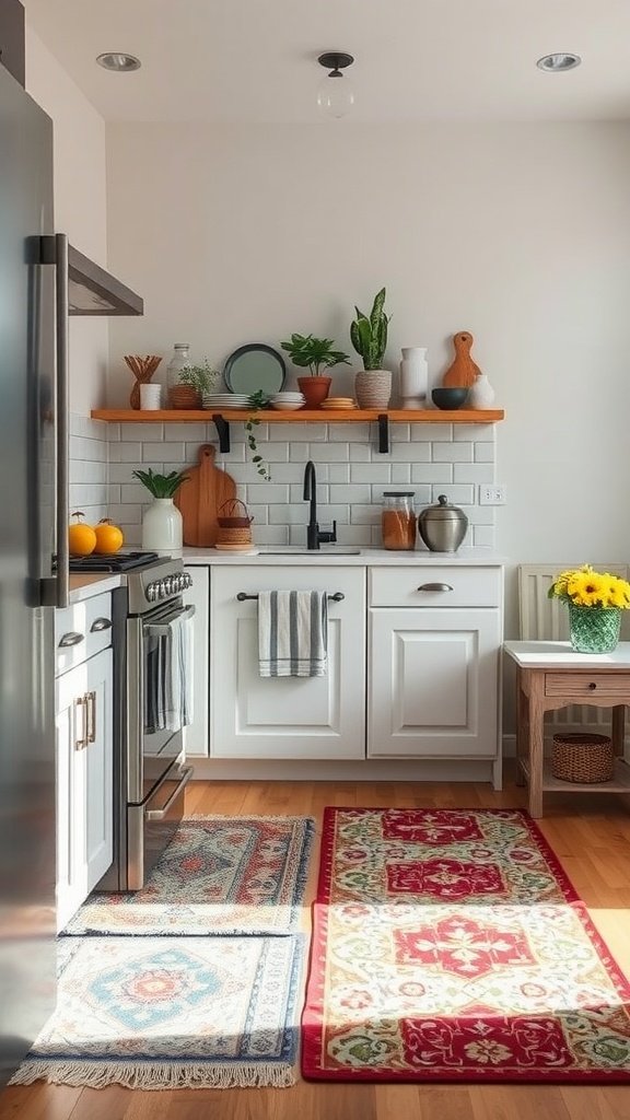 A small kitchen with colorful rugs defining different areas.
