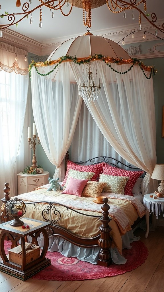 A beautifully styled DIY canopy bed with soft fabrics and fairy lights.
