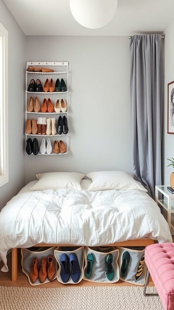 An organized shoe storage solution in a small bedroom, featuring a wall-mounted shoe rack and under-bed shoe storage.