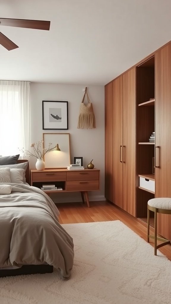 A cozy bedroom featuring a wooden wardrobe, a bedside table with a lamp, and decorative items, showcasing creative storage solutions.