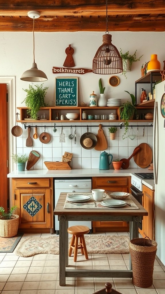 Cozy boho kitchen with earthy accents and eclectic décor.