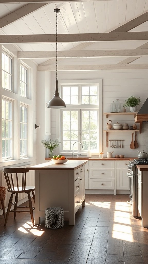 A cozy farmhouse kitchen filled with natural light from large windows, featuring wooden flooring and a modern island.
