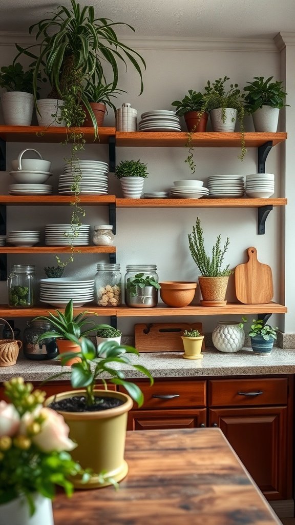 Open shelving in a cozy kitchen displaying plants, dishes, and jars.
