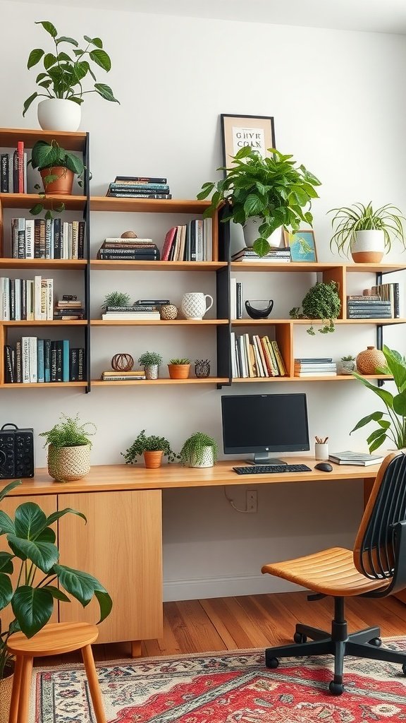 Cozy home office with wooden shelves filled with books and plants.