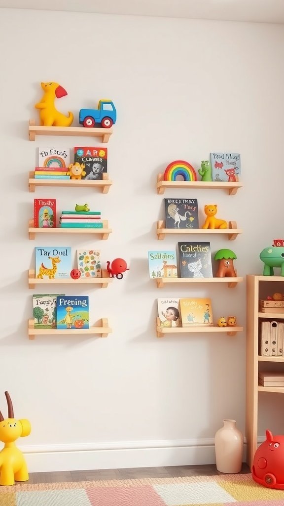 Colorful wall-mounted shelves displaying toys and books in a playful toddler's room.