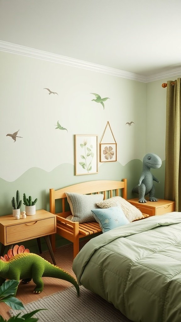 A cozy bedroom decorated with dinosaur plushies and nature-themed wall art.