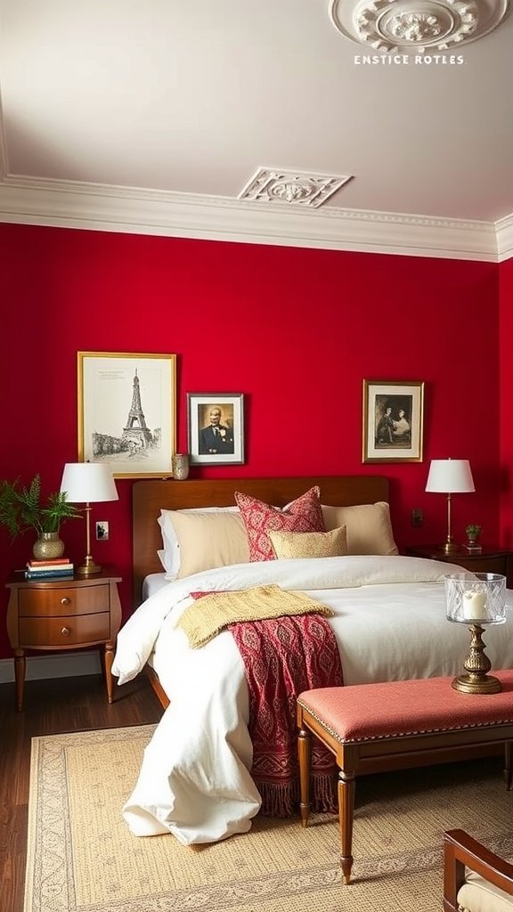 A stylish bedroom featuring crimson red walls and cream accents.
