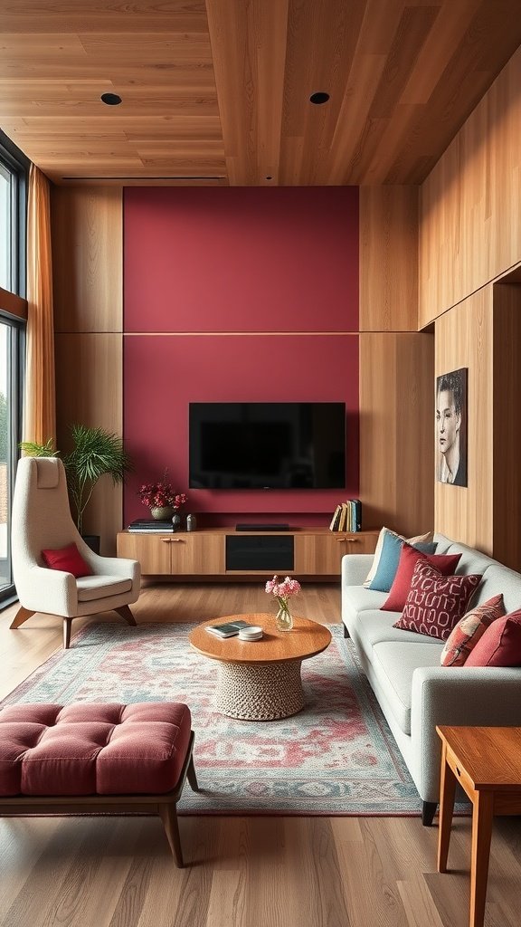 A modern living room featuring beech wood details, a cozy sofa, and vibrant accents.