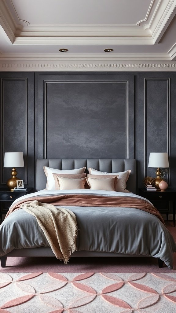 Luxury bedroom featuring crushed velvet gray and blush pink decor.