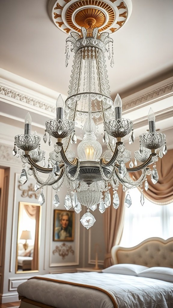 A luxurious crystal chandelier hanging in an elegant bedroom interior.