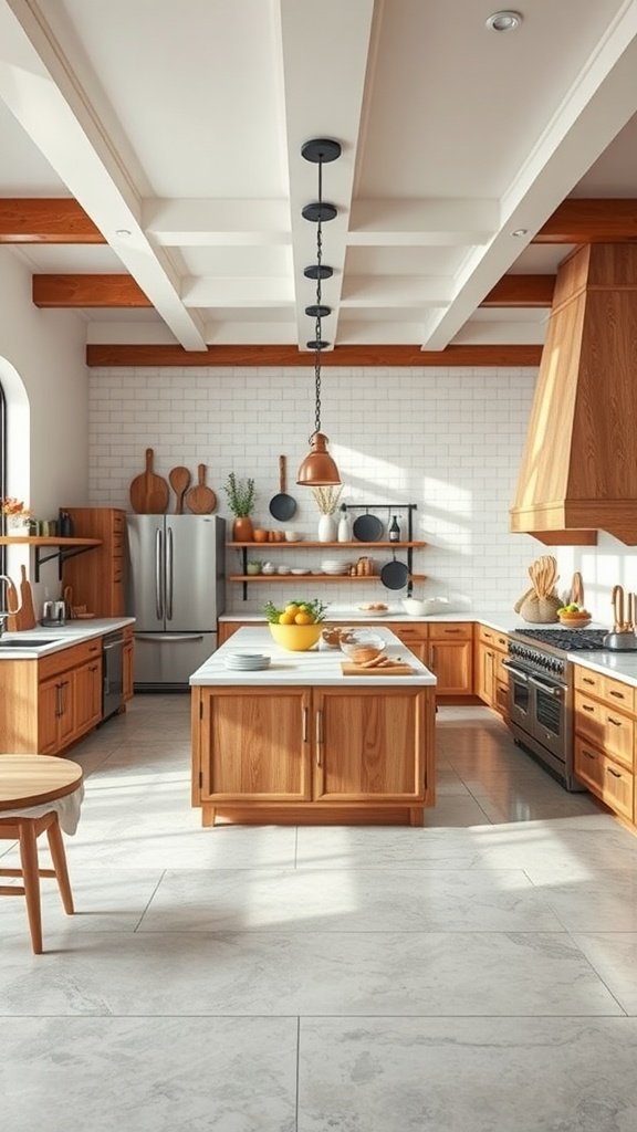 A spacious open kitchen with wooden cabinets and a large island, ideal for culinary workshops.