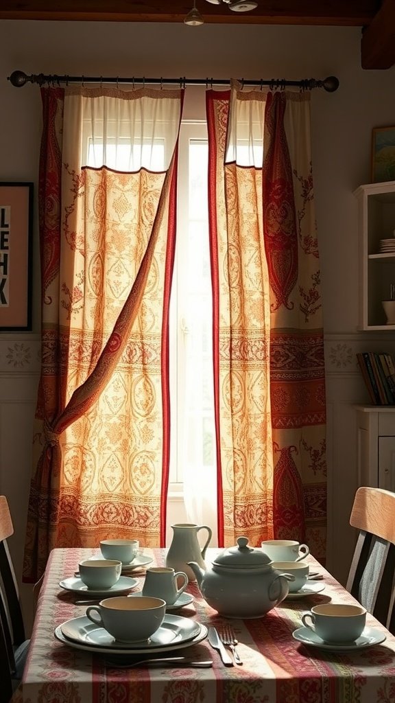 A cozy kitchen with patterned curtains and a colorful table setting.