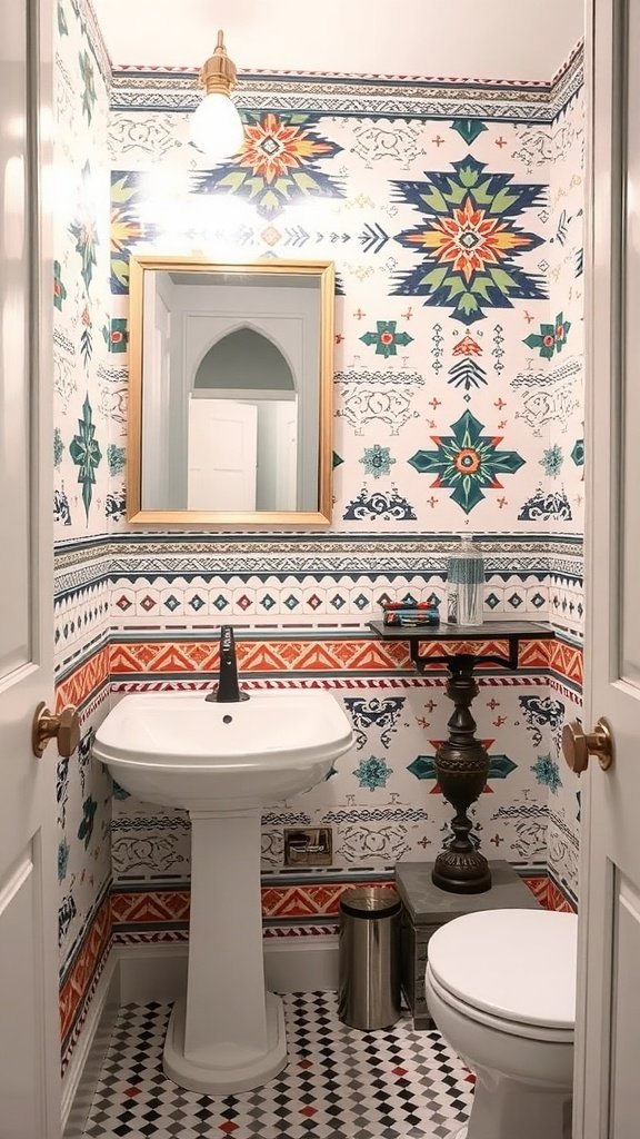 A small bathroom featuring colorful cultural geometric prints on the walls.