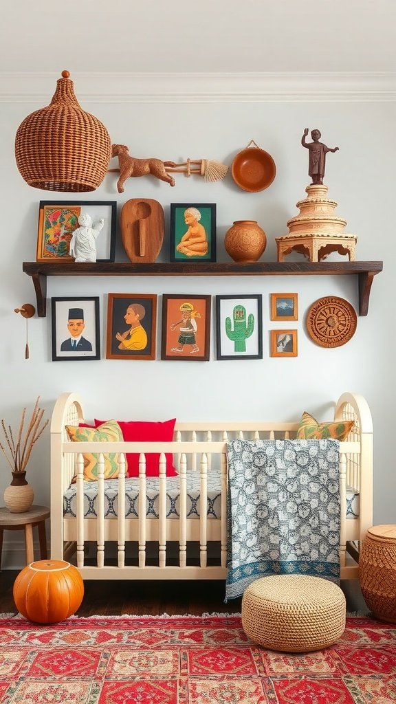 A gender-neutral nursery featuring colorful cultural artifacts and a cozy crib.