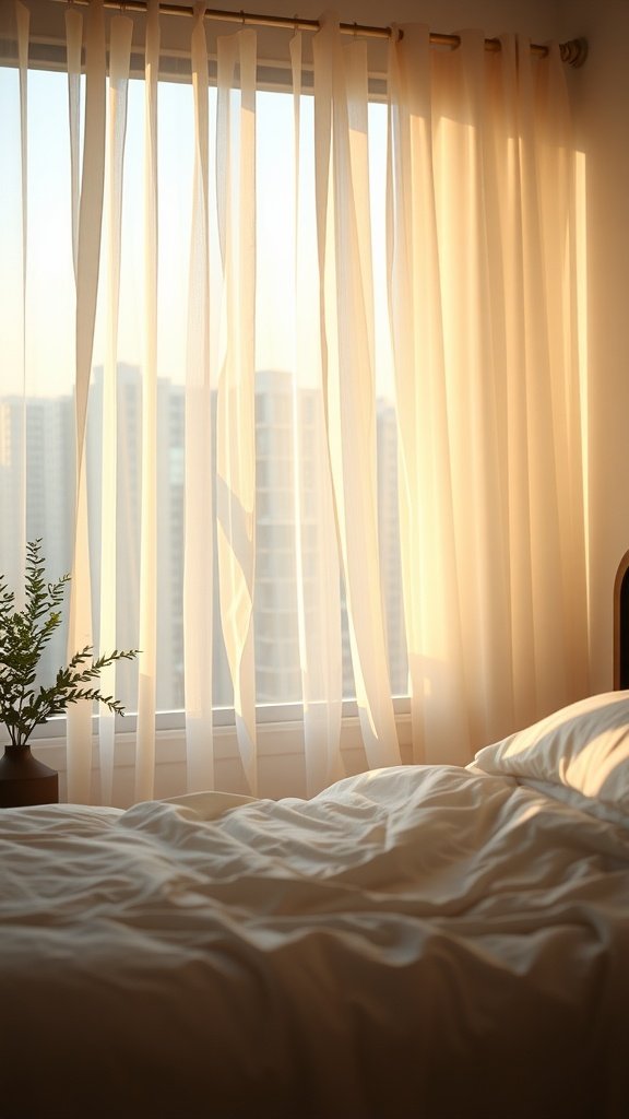 Soft curtains in a bedroom letting in warm sunlight.