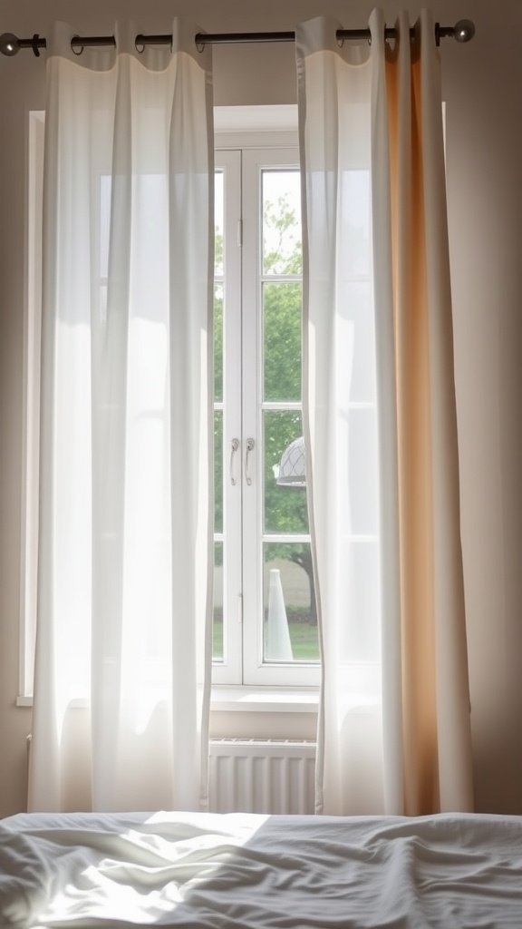 Light and warm colored curtains hanging in a cozy bedroom window.