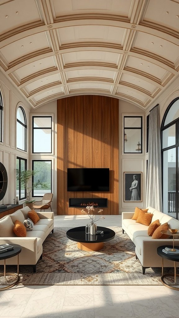 Living room with a curved ceiling design featuring elegant decor and modern furniture.