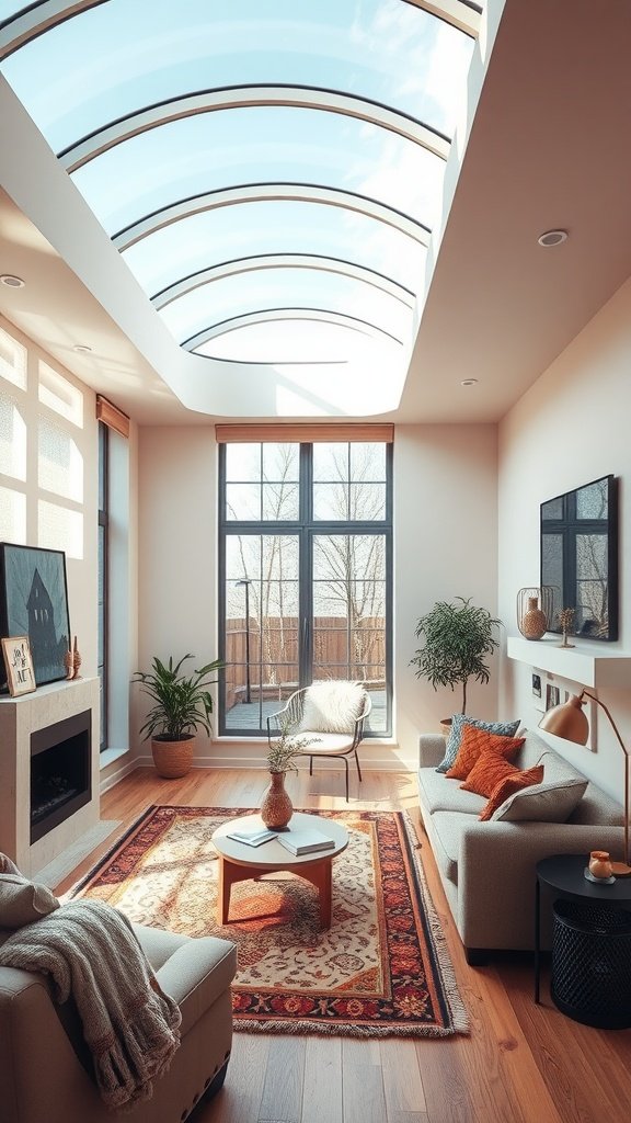 A living room featuring curved glass skylights that illuminate the space softly.