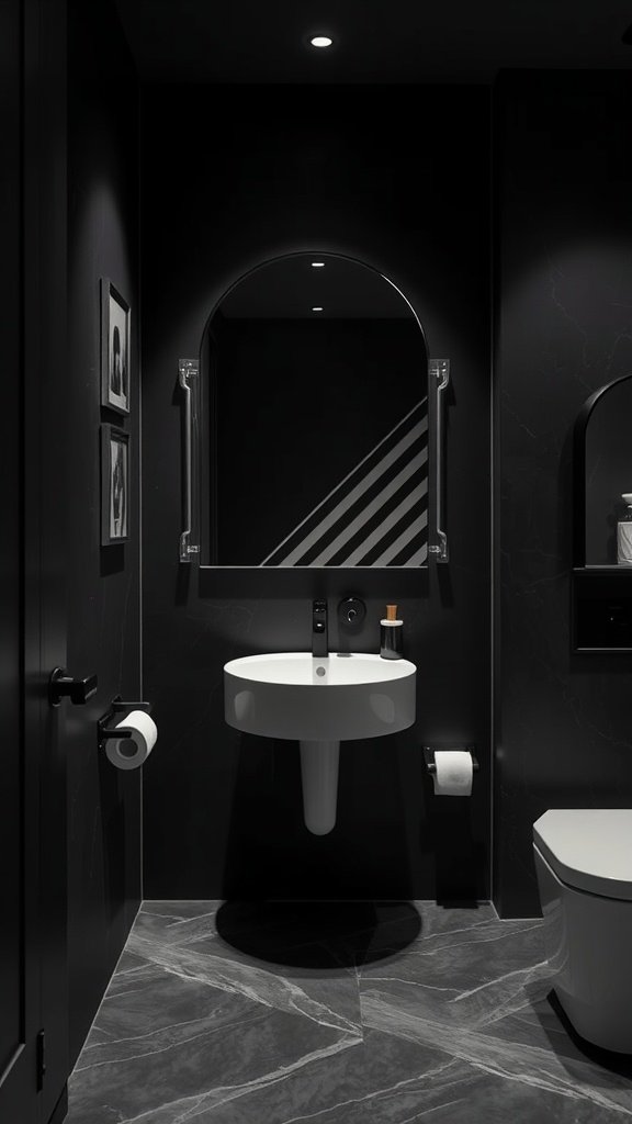 A modern dark bathroom featuring custom art installations and asymmetric stripes.