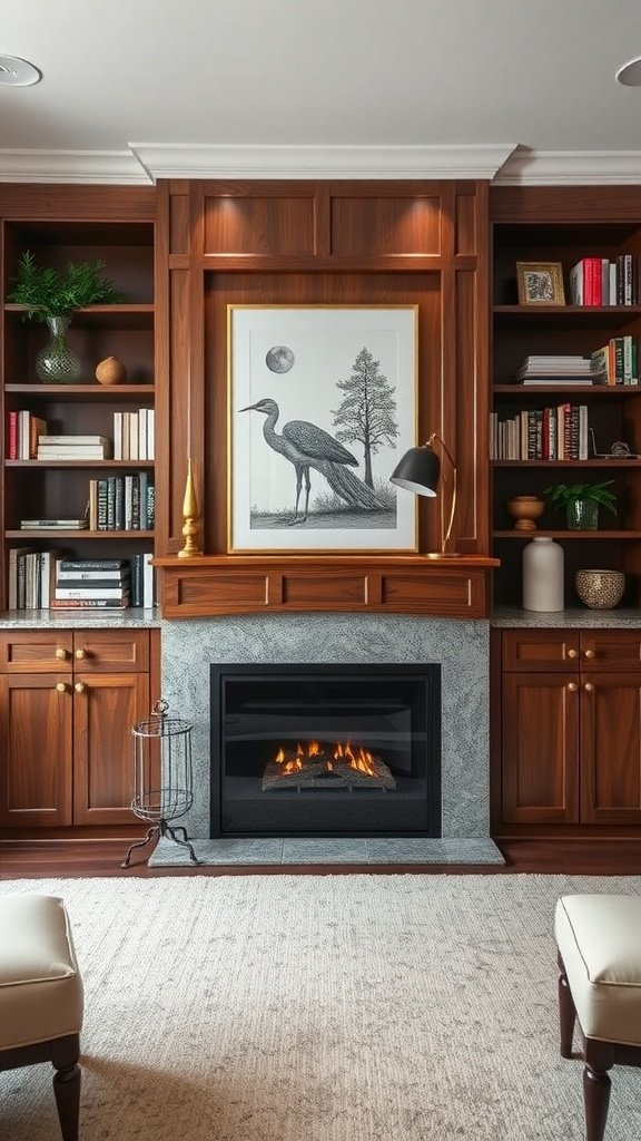 A modern built-in fireplace with wooden cabinetry and a decorative print above it.