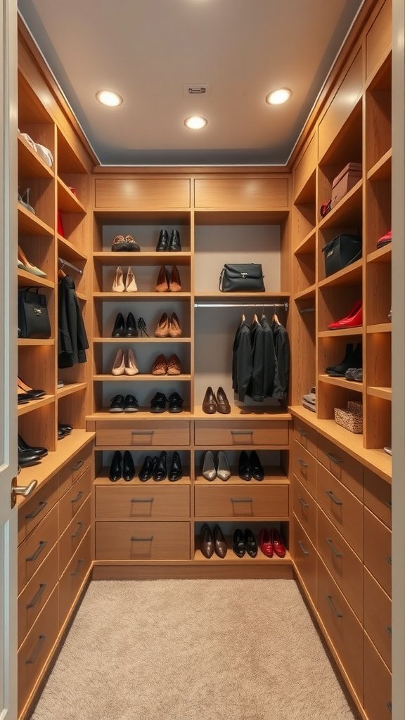 A walk-in closet featuring custom built-in shelving, showcasing shoes and accessories neatly arranged.