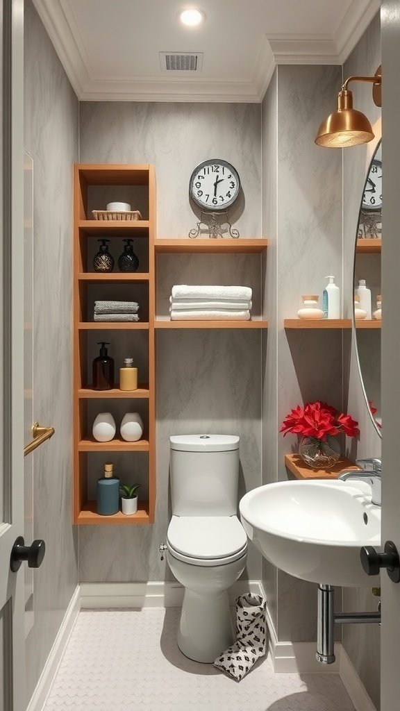 A narrow bathroom with custom built-in shelves above the toilet, displaying towels and toiletries.