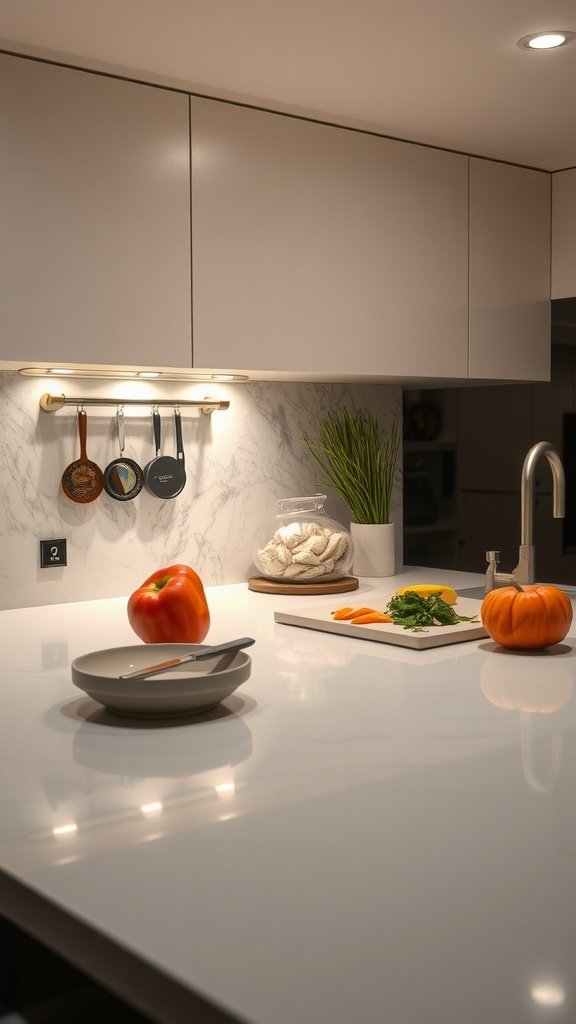 Modern kitchen with under-cabinet lighting illuminating a clean countertop with vegetables and a bowl.