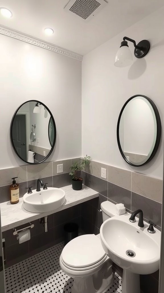 A small bathroom featuring two round mirrors above sinks with a modern design.