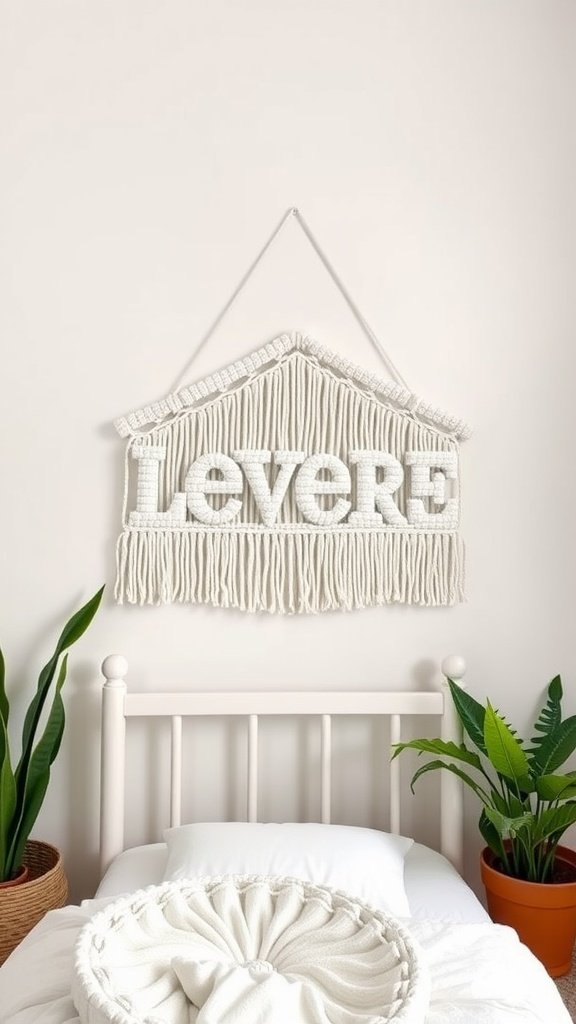 Custom macramé wall hanging with the name 'LEVER' displayed.