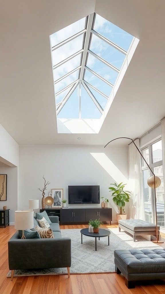 Stylish living room with a unique pentagon skylight design