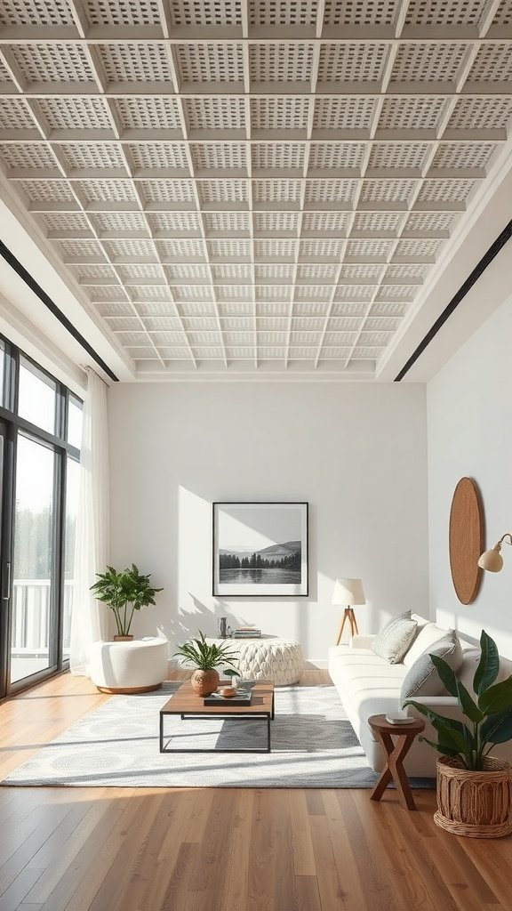 A modern living room featuring a customizable ceiling grid design.